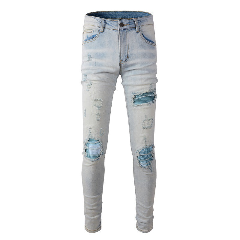 645 Trendy Brand Ripped Blue Patch Jeans Elastic Slim Slim High Street Jeans