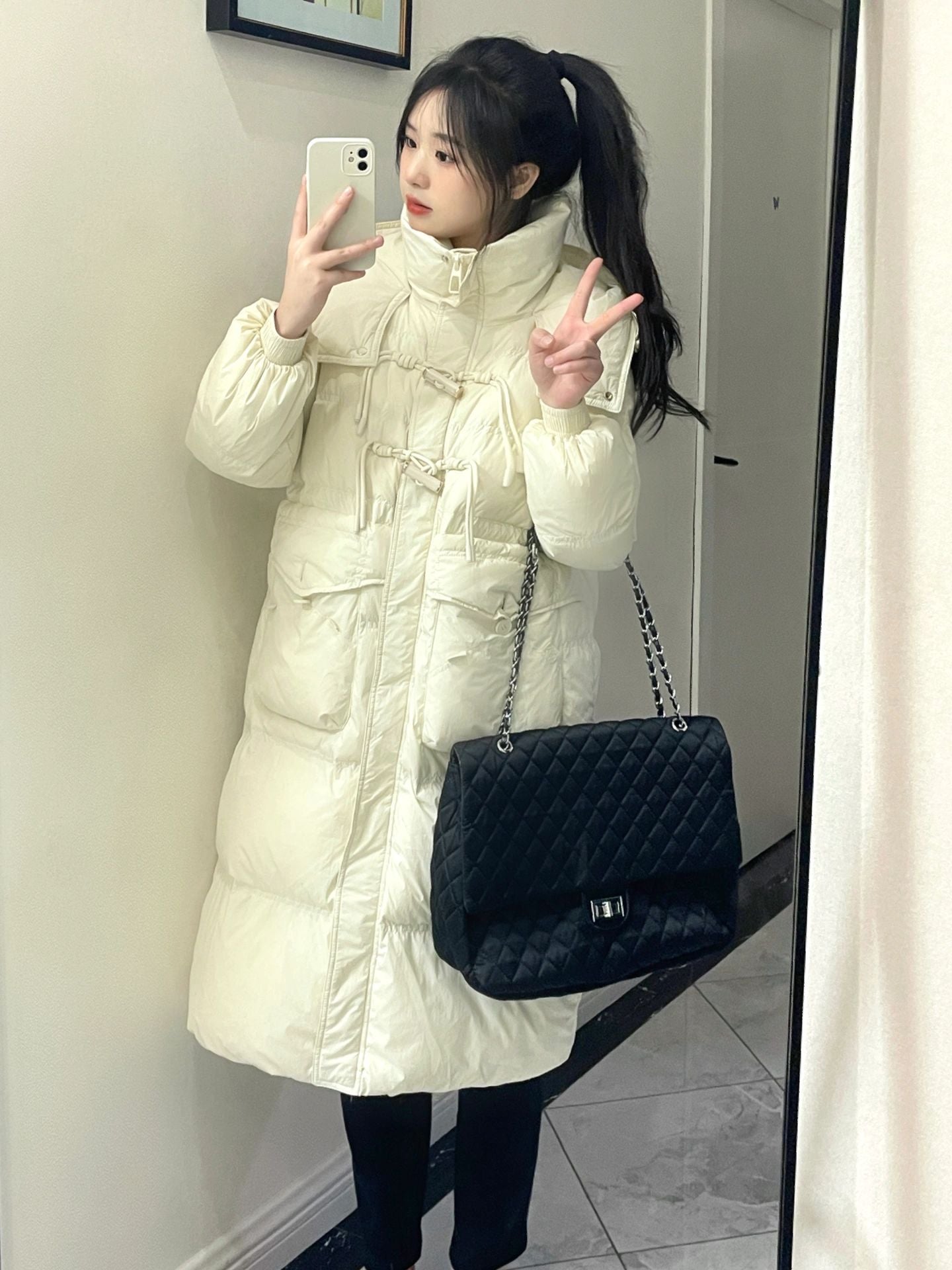 Down Jacket Horn Buckle Women's Long Winter Warm and Casual.