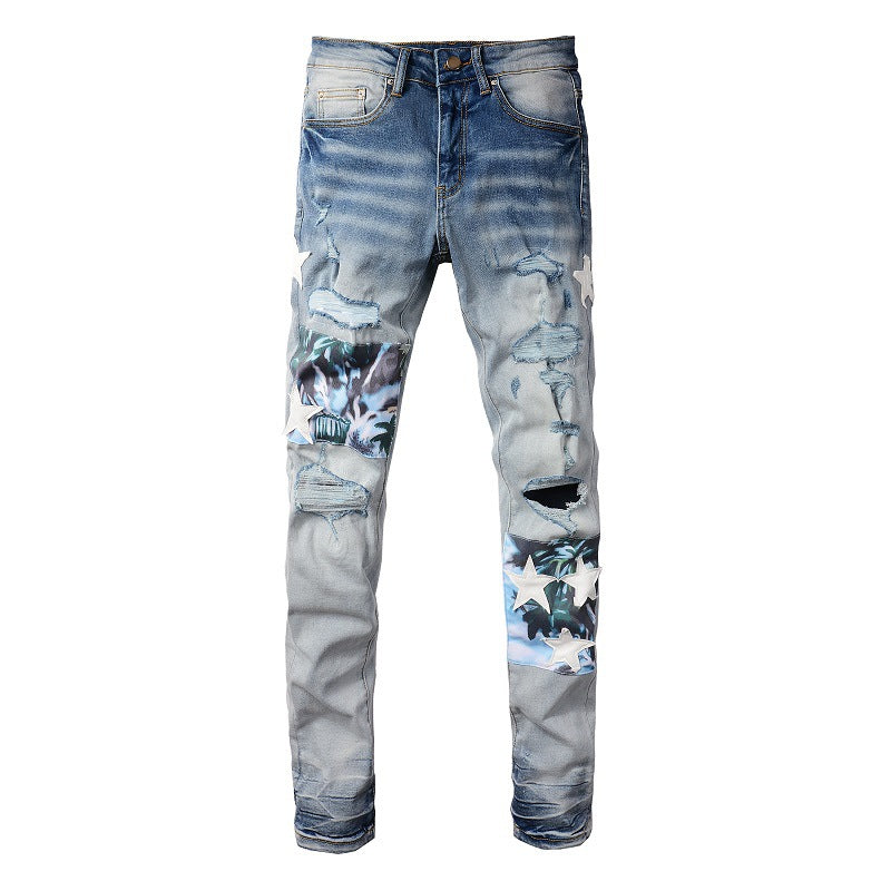 898 High Street Ripped Jeans Pantalon slim extensible pour homme avec patch épissure et étoile 