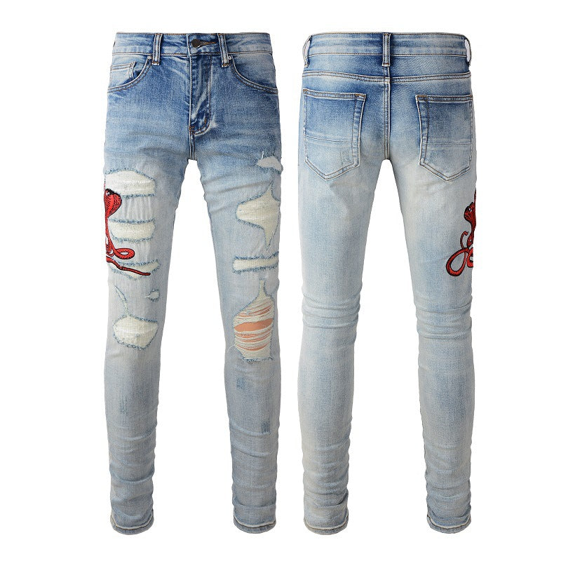 Patch brodé Street Tide Small Feet Blue Jeans Cheveux pour hommes, pantalon décontracté grande taille personnalisé #1346 