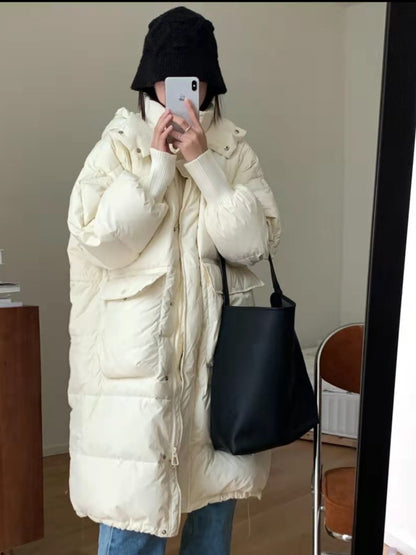 Veste à capuche en duvet de canard blanc pour vêtements d'extérieur pour femmes, longueur genou, vêtements d'extérieur amples et épais