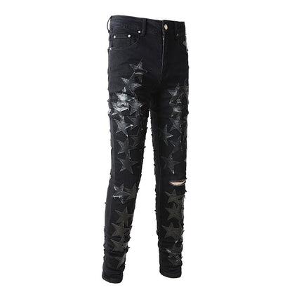 691 High Street Trend Brand Black Pentagram Jeans Young Men's Elastic Slim Small Foot Jeans