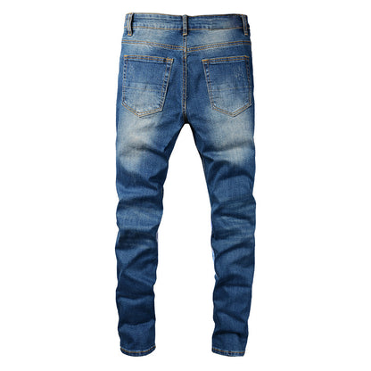 High Street Trendy Jeans Men's Ripped Patch Jeans Trendy Slim Fit Pants #832