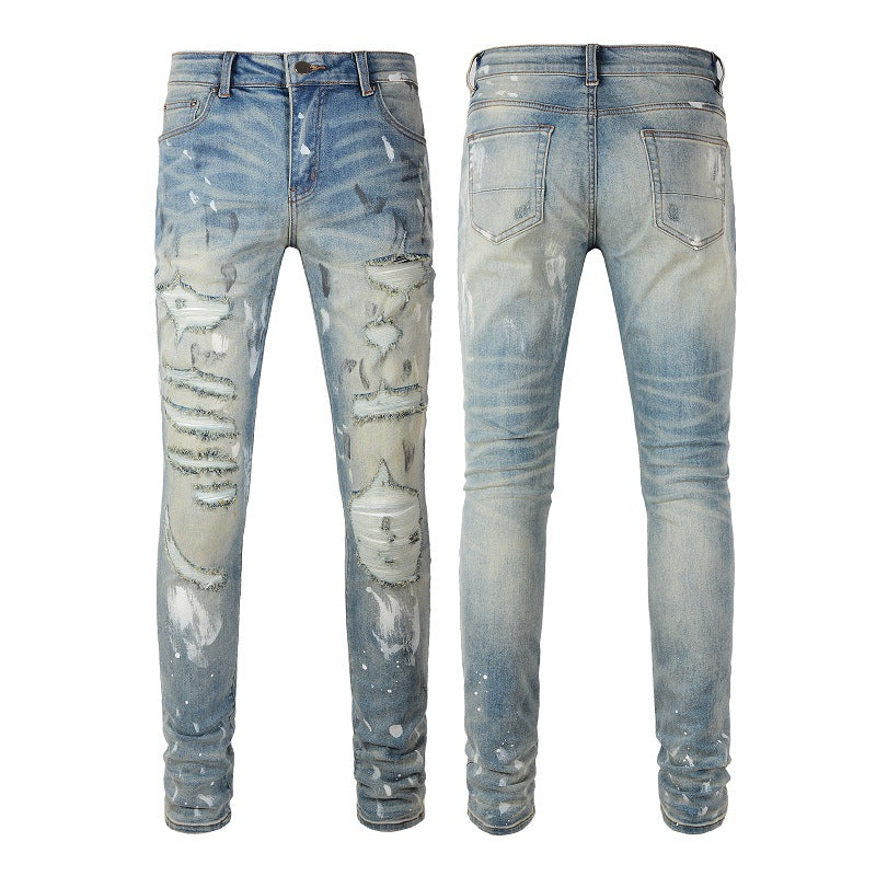 6530 Jeans transfrontaliers Marque tendance Rétro Peinture Déchiré Patch Jeans Homme Coupe Slim 