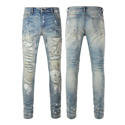 6530 Jeans transfronterizos de marca de moda con parches rotos y pintura retro para hombre, jeans ajustados 