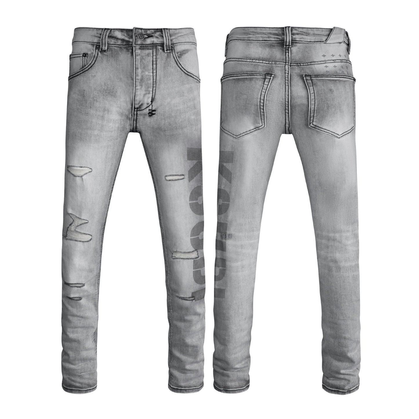 Men's Distressed Grey Slim-Fit Moto Jeans, Ripped Denim with Subtle Print
