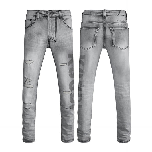 Men's Distressed Grey Slim-Fit Moto Jeans, Ripped Denim with Subtle Print