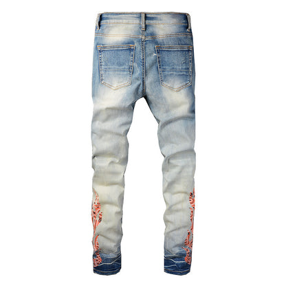 Jeans déchirés tendance de la rue européenne et américaine Pantalon slim imprimé tendance pour hommes #836 