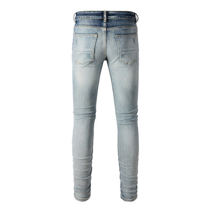 High Street Jeans Trendy Men's Ripped Eye-catching Blue Patch Beggar Jeans Korean Version #1332