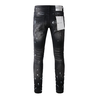 Jeans Purple Brand With High Street Black Paint Distressed 9002 7025 Fashion Pants