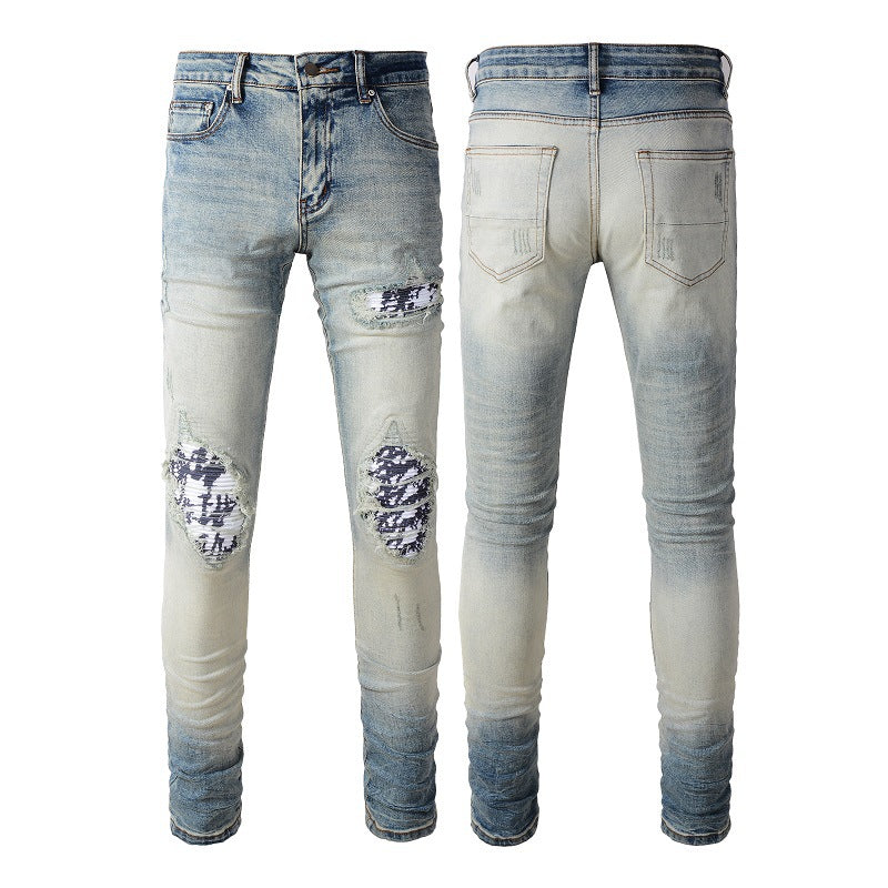 Jeans ajustados de mendigo con parches blancos y negros rotos de High Street para hombre, de moda, n.° 1336 