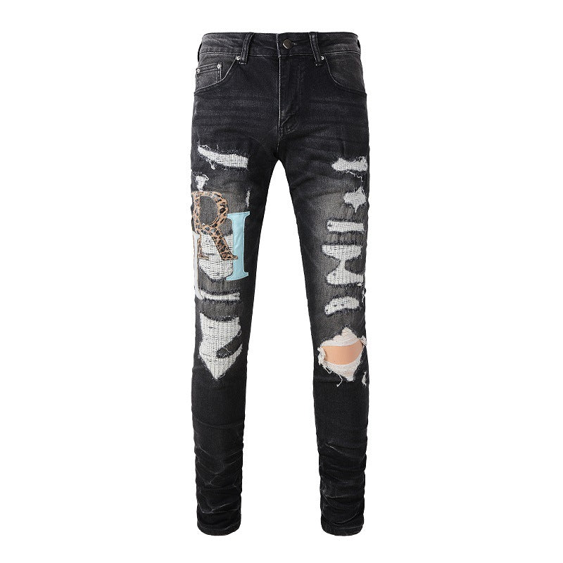 European and American Street Tide Colorful Letter Embroidery Ripped Patch Tide Slim-fit Small Foot Jeans