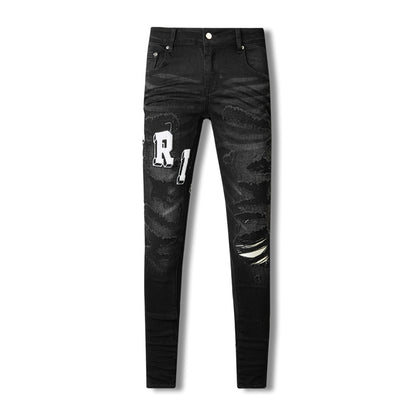 Black Ripped Jeans with Letter Patches and Distressed Detailing 8815