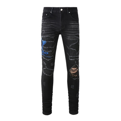 Pantalones vaqueros de talla grande personalizados para hombre con bordado de tendencia callejera, parche A, de corte pequeño, n.° 1345 