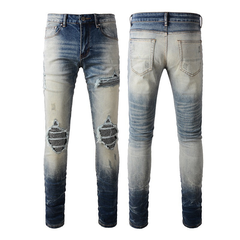 Jeans High Street pour hommes, tendance, déchirés, avec patchs en diamant, jeans Beggar #1331 