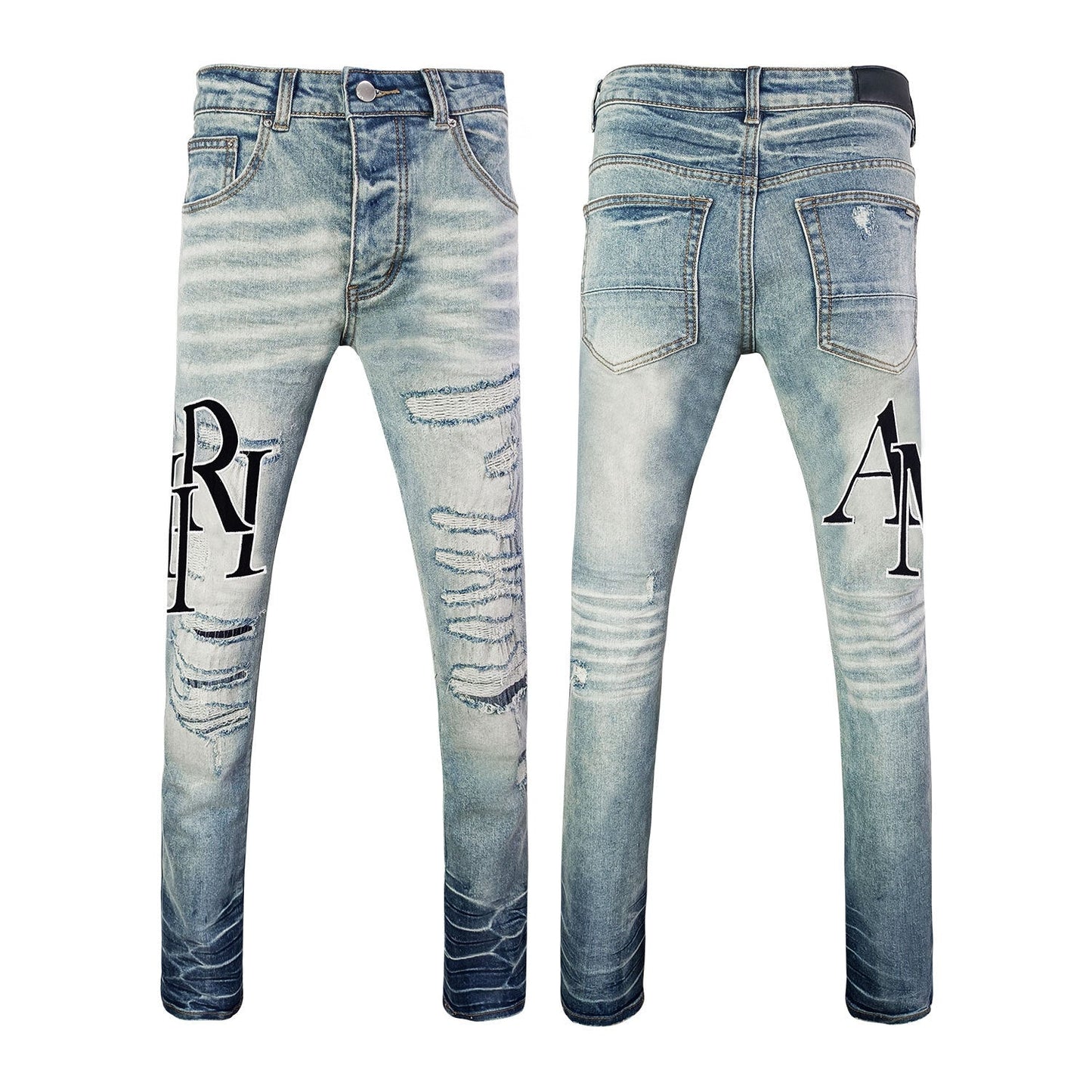 Men's Distressed Blue Slim Jeans with Letter Print and Ripped Patches