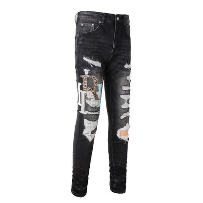 European and American Street Tide Colorful Letter Embroidery Ripped Patch Tide Slim-fit Small Foot Jeans