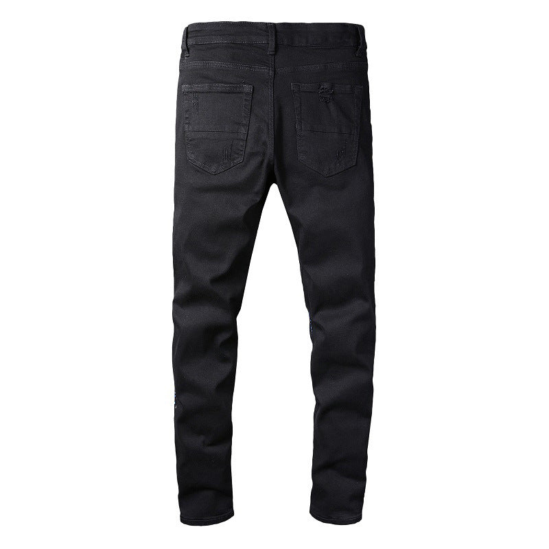 Pantalones casuales de mezclilla 818 Street de algodón microelástico para jóvenes, jeans ajustados con salpicaduras de pintura negra 