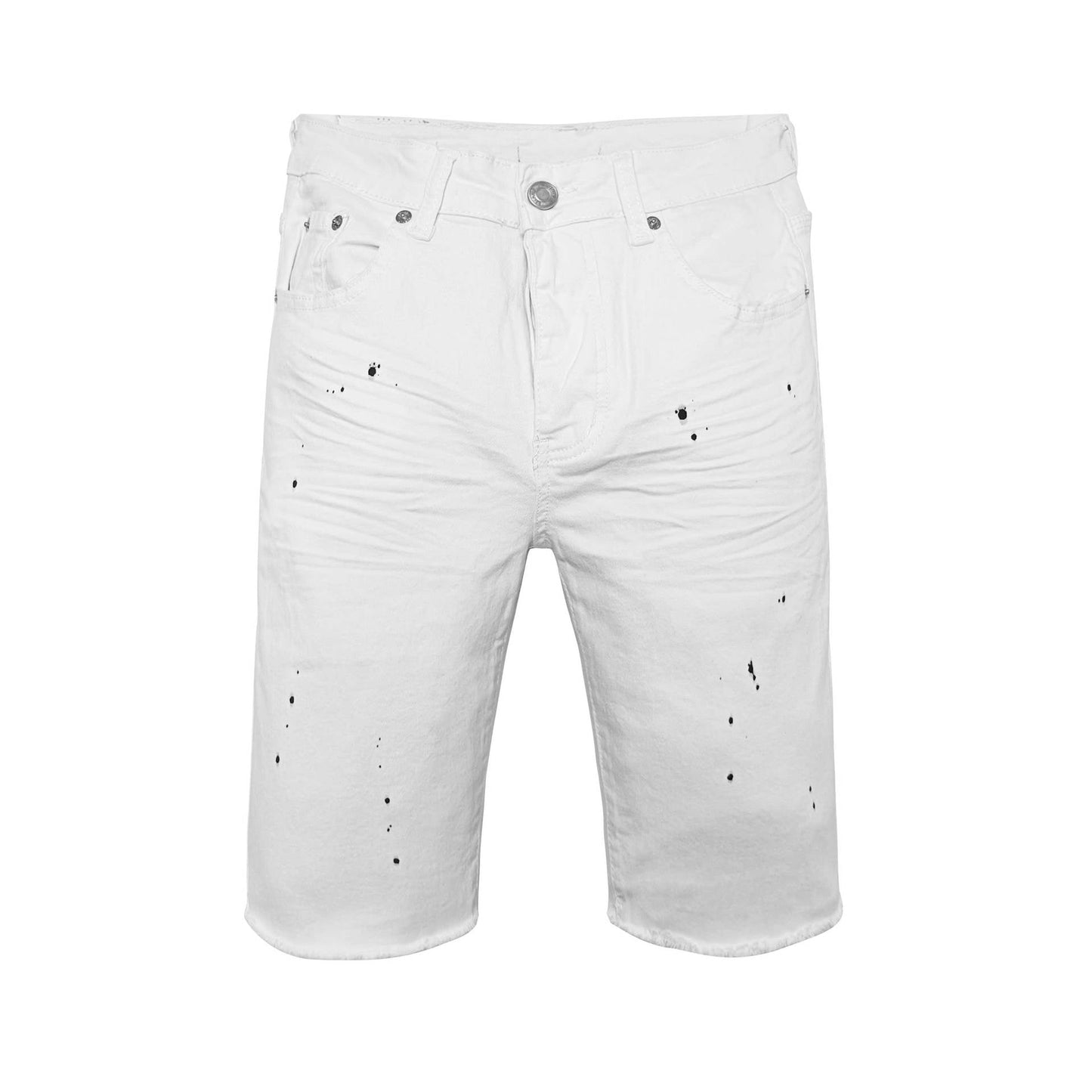 White Skinny Distressed Paint Splatter Shorts for Men - Black Dot Effect, Frayed Hem, Modern Casual Look