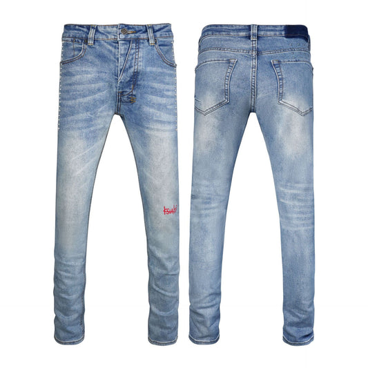Light Blue Vintage Ripped Flare Jeans with Metal Stud Details - Slim Fit Bell Bottom Denim