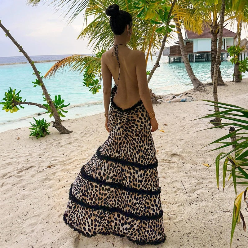 Nuevo vestido sexy con cuello halter, volantes y espalda descubierta con estampado de leopardo D1993535 