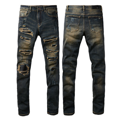 Slim Fit Black Stretch Jeans with Vintage Wash and Faux Leather Accents