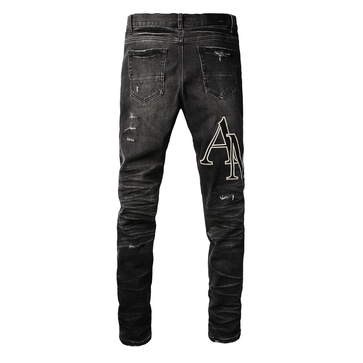 Stylish Black Distressed Jeans with Washed Effect and Unique Lettered Patchwork and Rips 8836