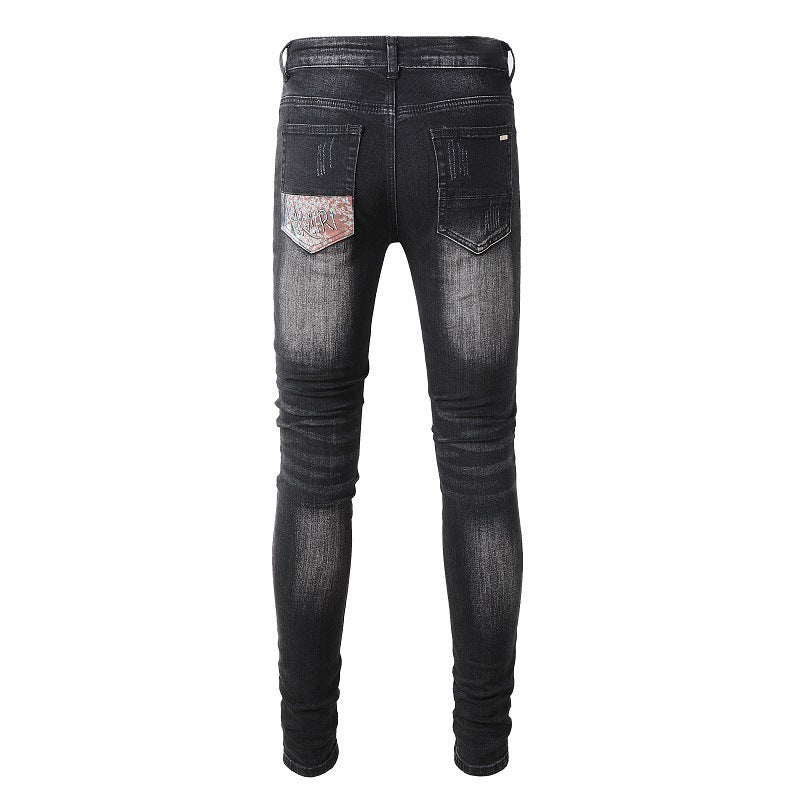 Jean skinny déchiré en coton micro-élastique pour jeunes, imprimé sac à dos avec éclaboussures de peinture noire #859 