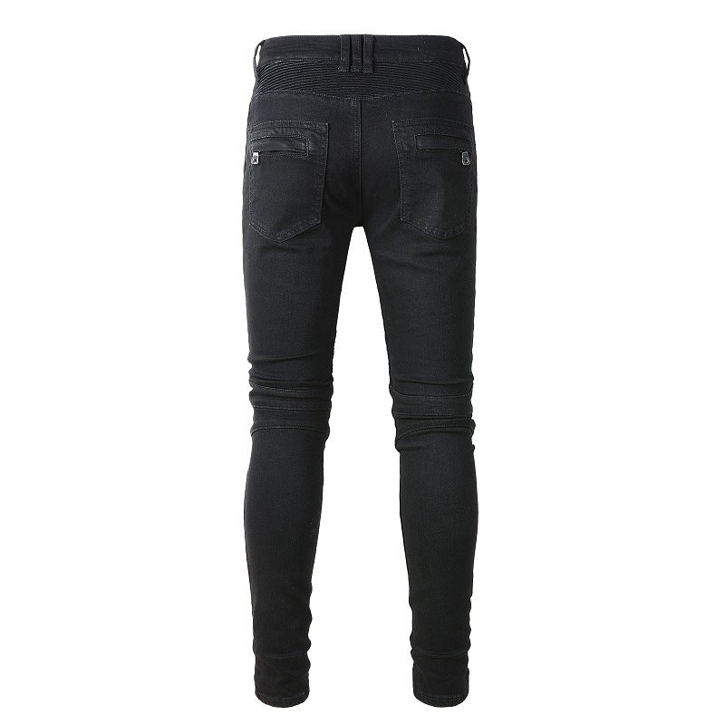 High Street Trend Multi-Pocket Stretch Slim-Fit Pants Knee Folds Locomotive Jeans