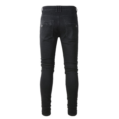 High Street Trend Multi-Pocket Stretch Slim-Fit Pants Knee Folds Locomotive Jeans