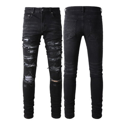 Slim Fit Stretch Black Washed Jeans with Versatile Faux Leather Accents