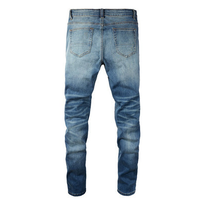 6520 Jeans transfrontaliers Marque tendance Rétro Plissé Déchiré Patch Jeans Slim Homme 