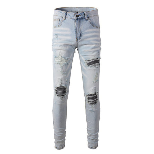 Jean slim déchiré bleu clair avec patch brodé et patch floral pour homme 