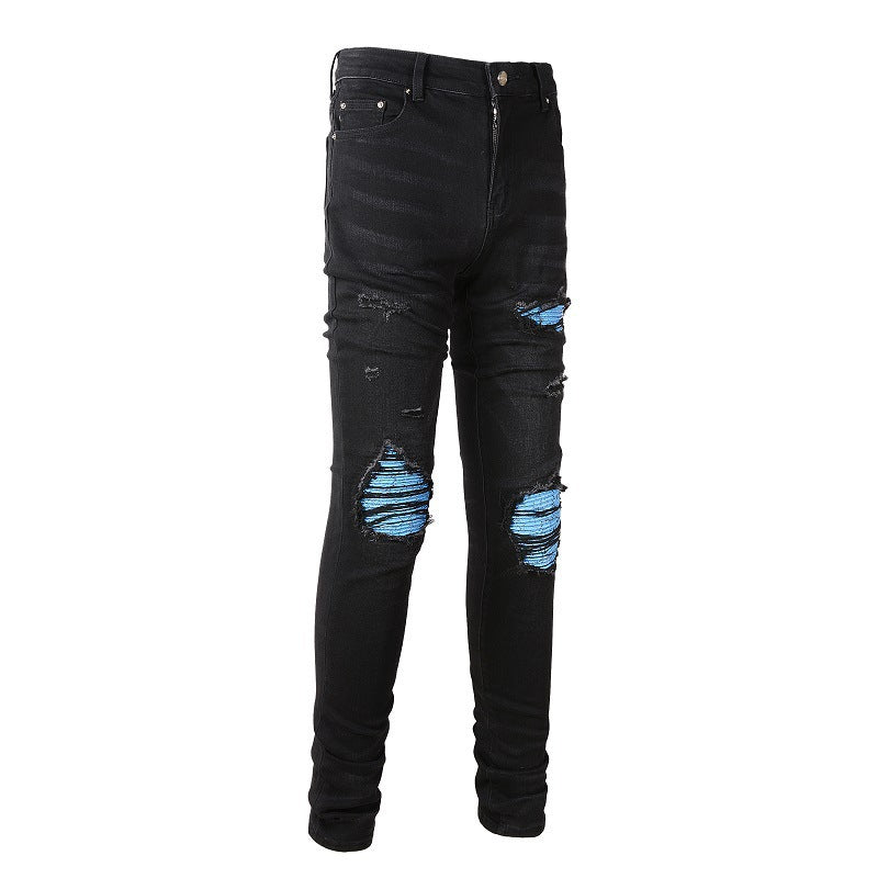 Jean slim bleu pour homme avec motif patchwork et froissé pour un style urbain 