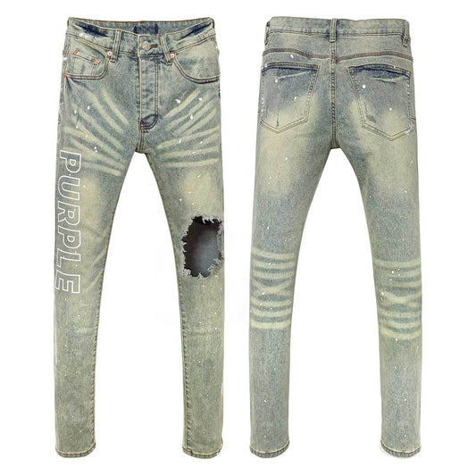Vintage Light Blue Slim Jeans for Men - Distressed Denim with Natural Knee Rips & Aged Wash