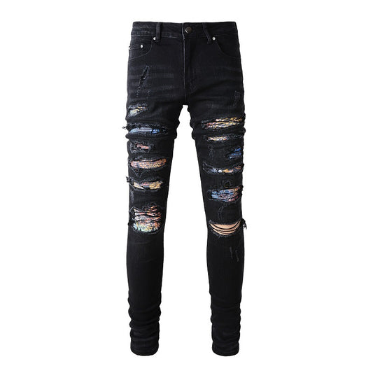 European and American High Street Ripped Patch Jeans Men's Patch Elastic Slim-fitting Pants #875