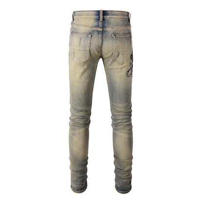 611 Retro Trendy Brand Embroidered Cobra Ripped Patch Jeans Elastic Slim Denim