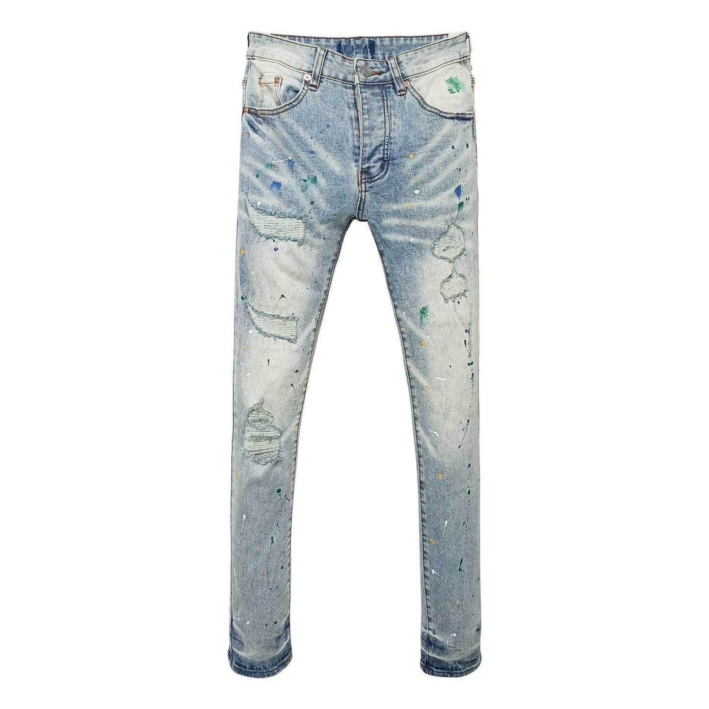 Men's Heavy Distressed Skinny Jeans with Multi-color Paint Splatter & Knee Rips - Urban Streetwear