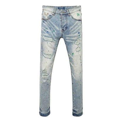 Men's Heavy Distressed Skinny Jeans with Multi-color Paint Splatter & Knee Rips - Urban Streetwear