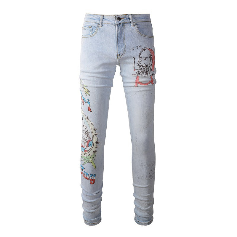 863 European and American Trendy Brand Digital Printing Jeans High-craftsmanship Elastic Slim-fitting Pants