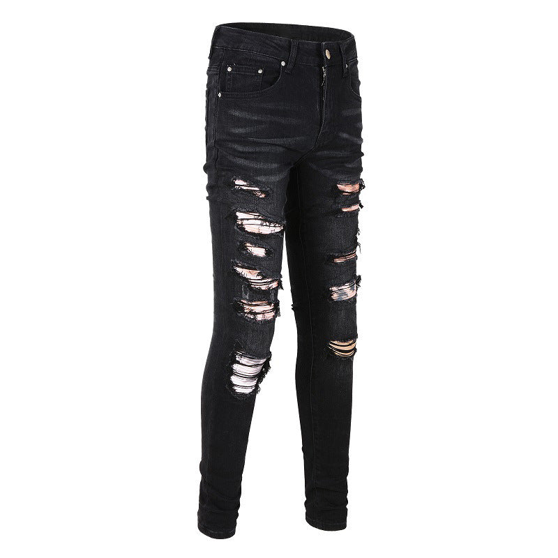 High Street Trendy Jeans Men's New Ripped Patch Jeans Slim-Fit Pants #841