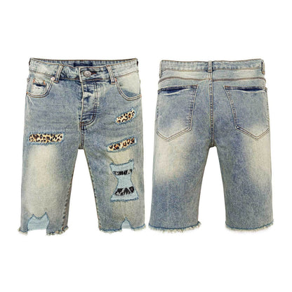 Light Blue Distressed Denim Shorts Men - Leopard Print Patches, Ripped Details, Raw Frayed Hem Streetwear