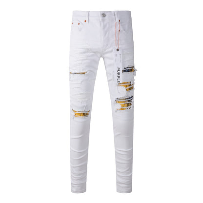 Nwt White Jeans pour hommes en détresse déchiré personnalité imprimés patchwork 