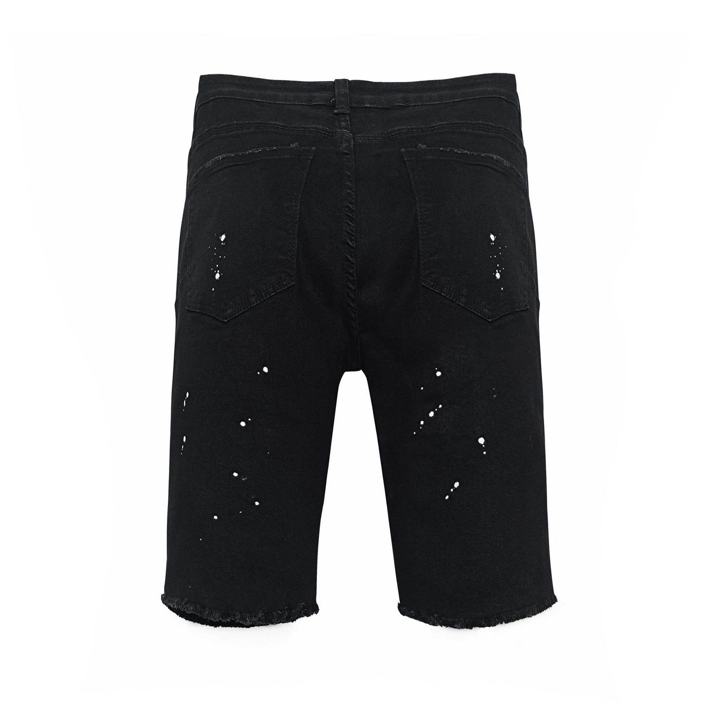 Men's Black Distressed Denim Shorts with White Paint Splatter Ripped Raw Hem Streetwear Jorts