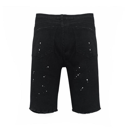 Men's Black Distressed Denim Shorts with White Paint Splatter Ripped Raw Hem Streetwear Jorts