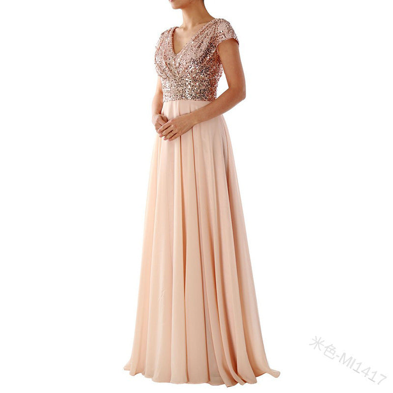 New V-Neck Sequin Chiffon Patchwork Evening Gown Maxi Dress YQ1417