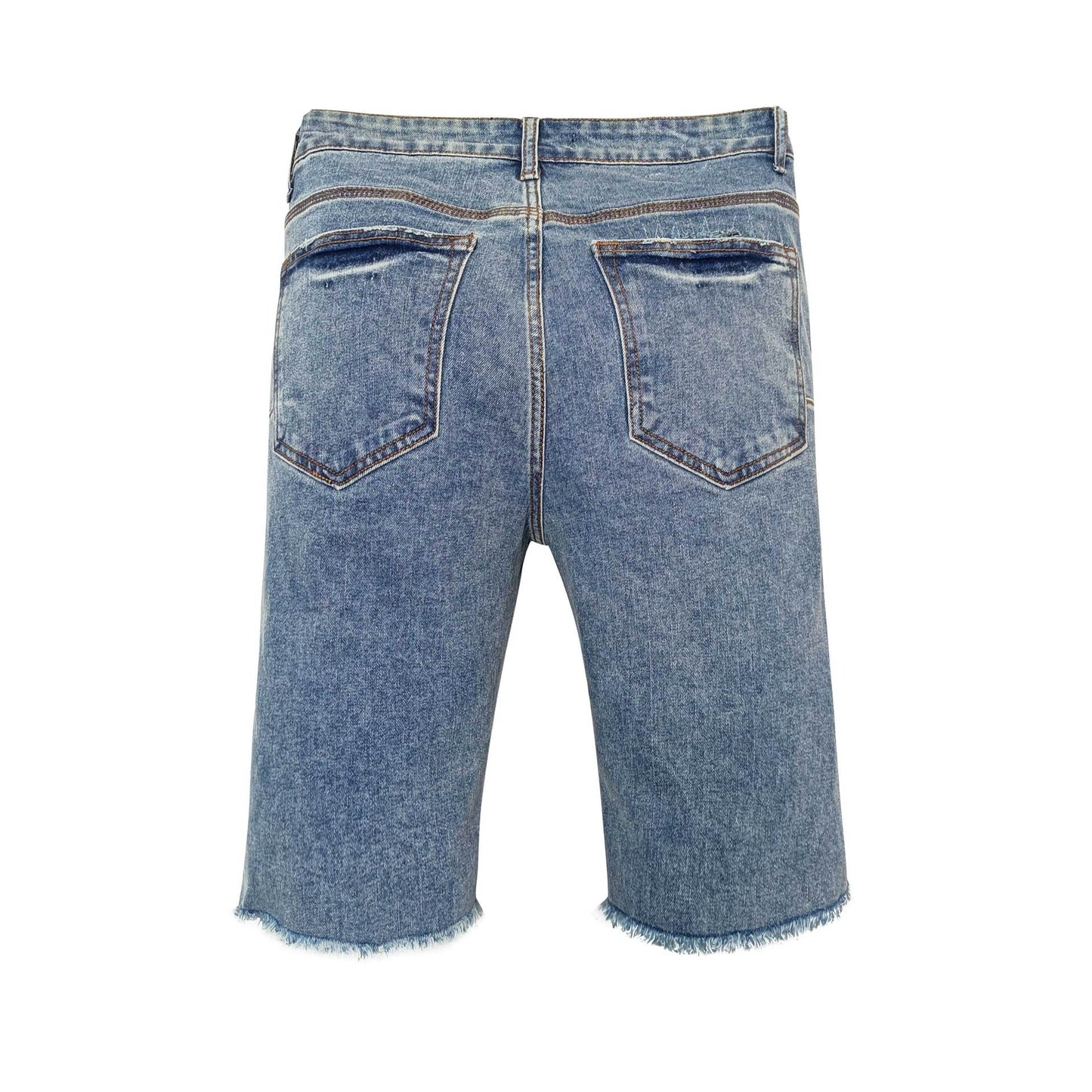 Men's Light Blue Distressed Denim Shorts with Leopard Print Patches Ripped Raw Hem Streetwear