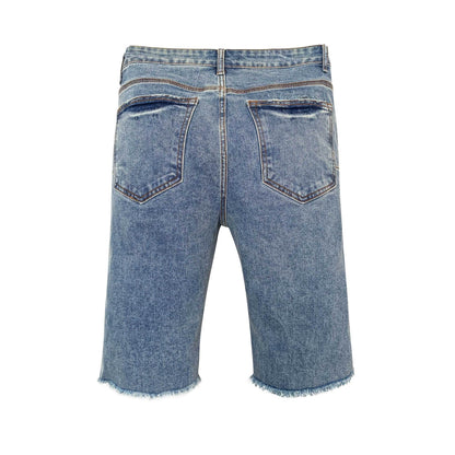 Men's Light Blue Distressed Denim Shorts with Leopard Print Patches Ripped Raw Hem Streetwear