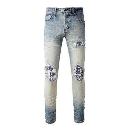 Jeans ajustados de mendigo con parches blancos y negros rotos de High Street para hombre, de moda, n.° 1336 