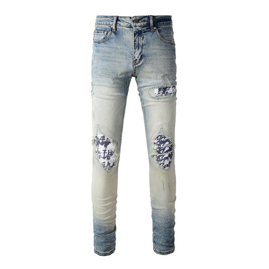 Jeans High Street pour hommes, jeans slim déchirés noirs et blancs tendance #1336 